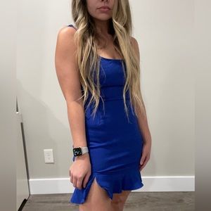 Royal blue mini dress with ruffle bottom detail